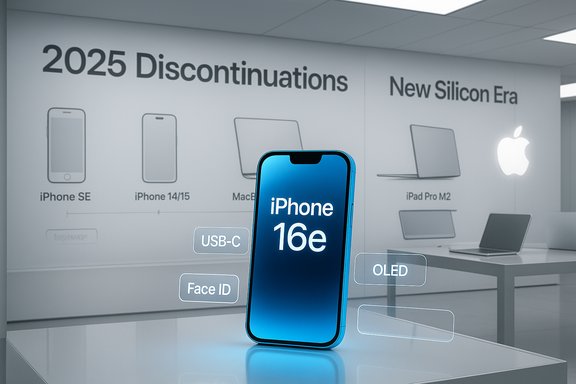 A blue iPhone 16e sits on a display stand as signage reads 2025 Discontinuations and New Silicon Era.