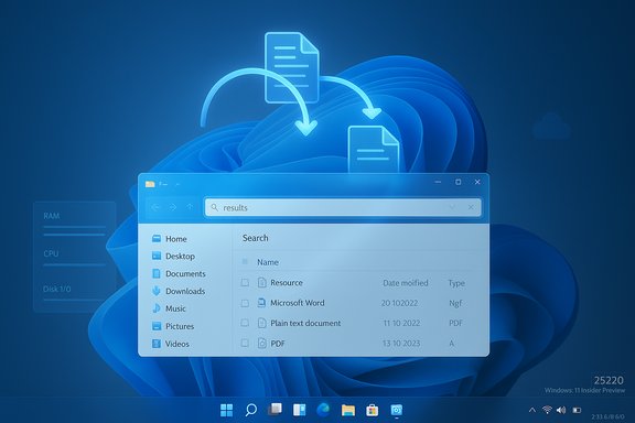 Windows 11 desktop showing File Explorer with search results over a blue cloud-themed background.
