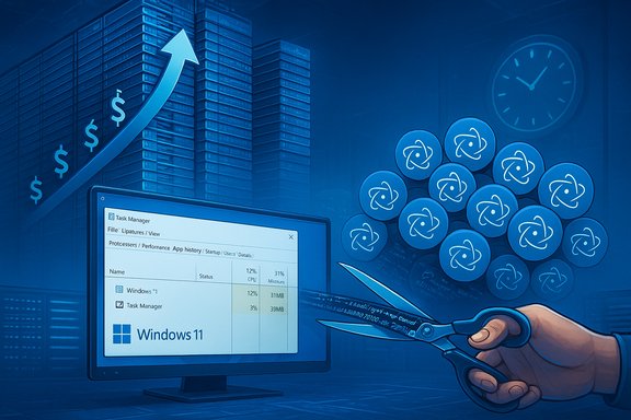 A hand with scissors cuts a Windows 11 Task Manager window on a blue background, amid rising dollar signs and React logos.