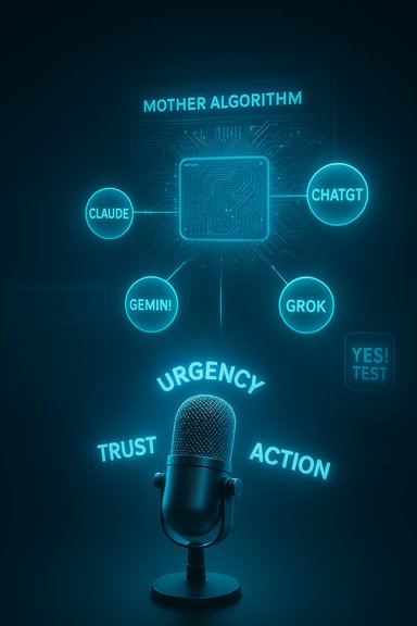 Neon AI hub 'Mother Algorithm' links Claude, ChatGPT, Gemini and Grok around a microphone.