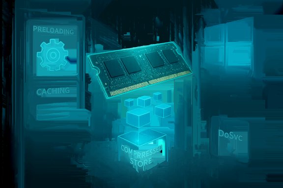 A RAM module floats above a compressed store icon in a neon teal, futuristic UI. A RAM module floats above a compressed store icon in a neon teal, futuristic UI.