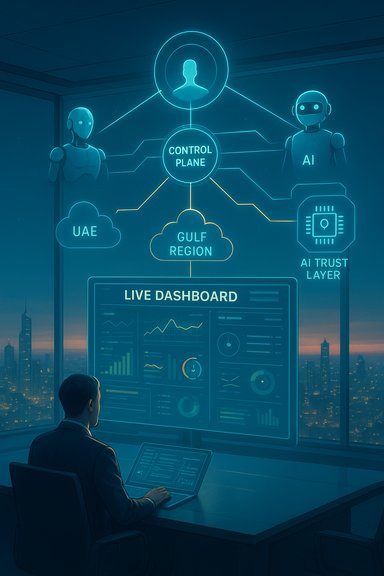 A person monitors a neon-blue holographic control plane with AI, UAE, Gulf region, and a live dashboard.