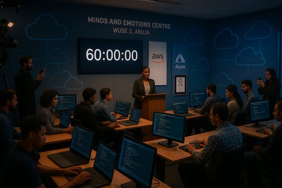 An instructor leads a cloud-computing class at Minds and Emotions Centre in Abuja, with students coding on laptops.