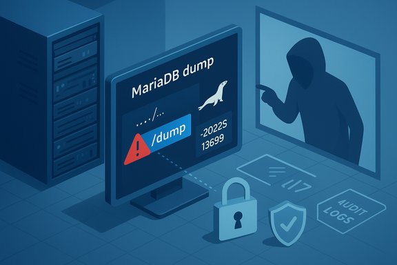 Hooded hacker targets a MariaDB dump, with warning and security icons nearby.