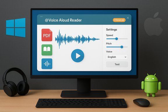 Monitor displays the '@Voice Aloud Reader' app with audio controls, beside Windows and Android icons.