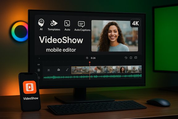 VideoShow mobile editor UI displayed on a large monitor, with a phone showing the app beside a keyboard.