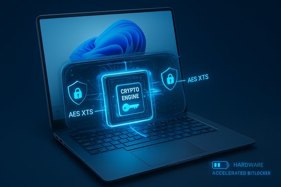 A laptop with a glowing crypto engine powering AES-XTS hardware security.