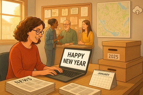A woman at a desk types on a laptop displaying “HAPPY NEW YEAR” as coworkers chat in the background.