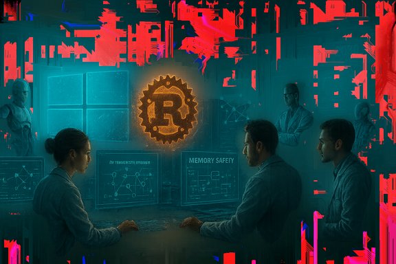 In a futuristic lab, scientists study memory safety as a glowing gear with a crypto symbol shines.