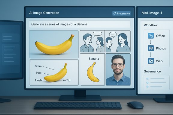 AI image generation dashboard showing banana illustrations, a diagram, and a portrait.