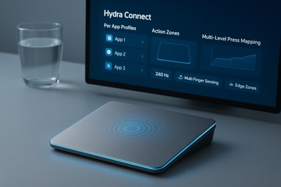 A sleek wireless charging pad glows blue as a monitor displays the Hydra Connect interface.