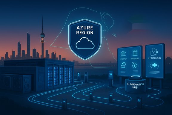 Azure Region shield glows over a futuristic data hub with government, ranking, and healthcare displays.