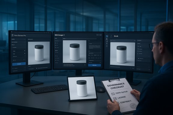 A designer reviews jar renders across three monitors with a governance checklist.