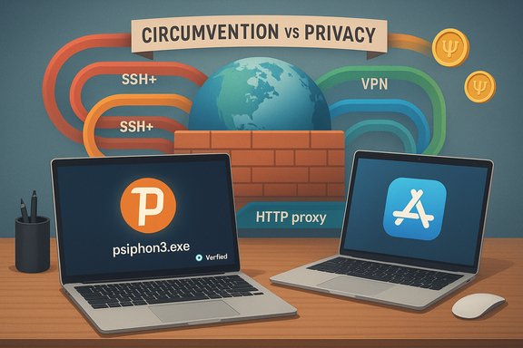 Graphic titled 'Circumvention vs Privacy' showing proxy networks circling a globe behind a brick wall.