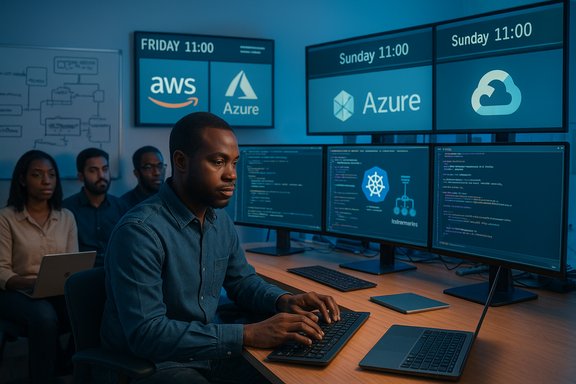 Developer at a multi-monitor workstation coding with AWS and Azure dashboards.