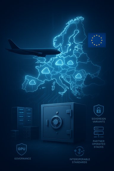 Blue holographic map of Europe with clouds, an airplane, and secure data infrastructure. Blue holographic map of Europe with clouds, an airplane, and secure data infrastructure.