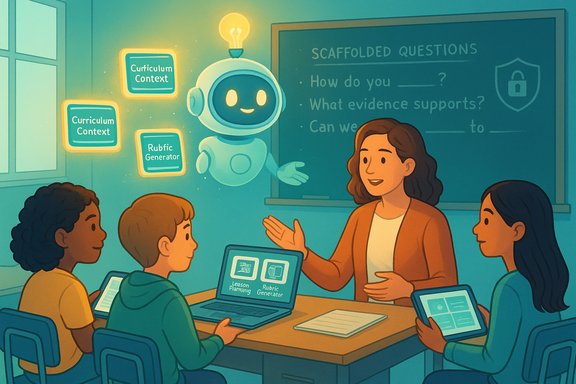 A teacher leads a classroom as a friendly robot presents lesson planning tools.