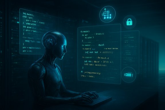 A humanoid robot wearing headphones types at a keyboard beneath holographic code panels.