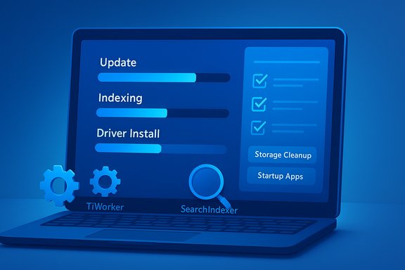 Blue 3D laptop screen showing update progress, indexing, and driver install tasks.