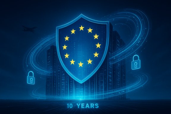 EU shield with stars guarding a futuristic city, celebrating 10 years of cybersecurity.