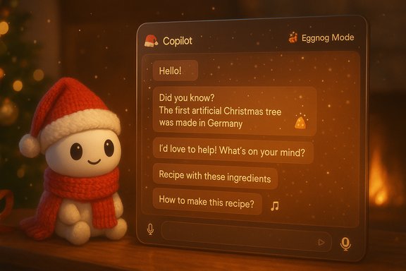 A cute plush snowman wearing a Santa hat and scarf sits beside a glowing tablet displaying Christmas prompts.