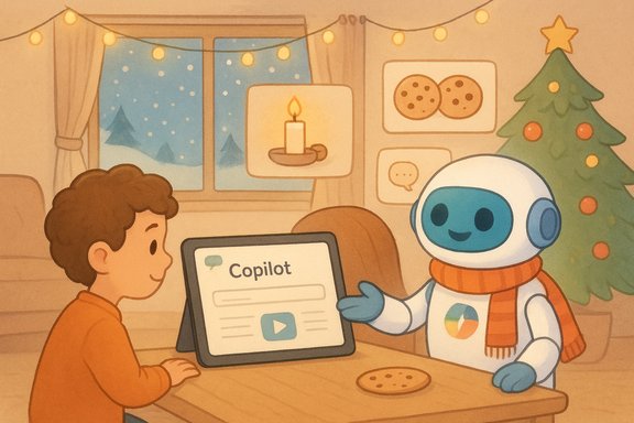 A child and friendly robot discuss on a Copilot tablet in a cozy Christmas room.