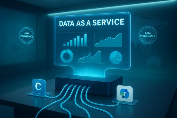 Neon blue data analytics display labeled 'Data as a Service' with charts and data provenance seals.