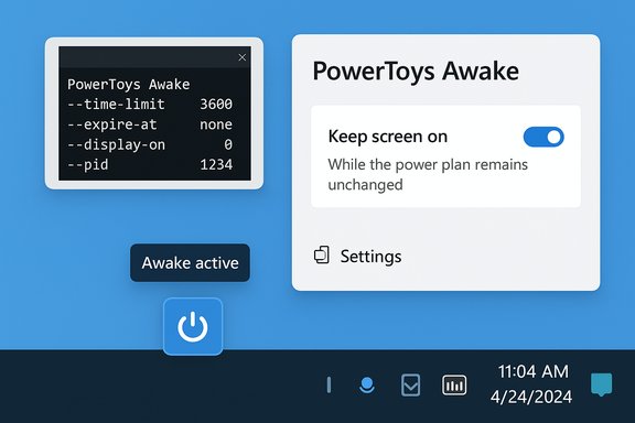 PowerToys Awake settings UI on blue background with a keep-screen-on toggle and an Awake active badge. PowerToys Awake settings UI on blue background with a keep-screen-on toggle and an Awake active badge.