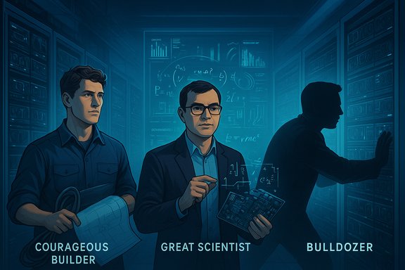 Three tech archetypes in a server room: Courageous Builder, Great Scientist, and Bulldozer.