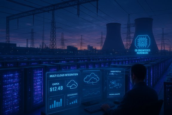 Operator monitors blue holographic dashboards in an outdoor high-tech data center at dusk.
