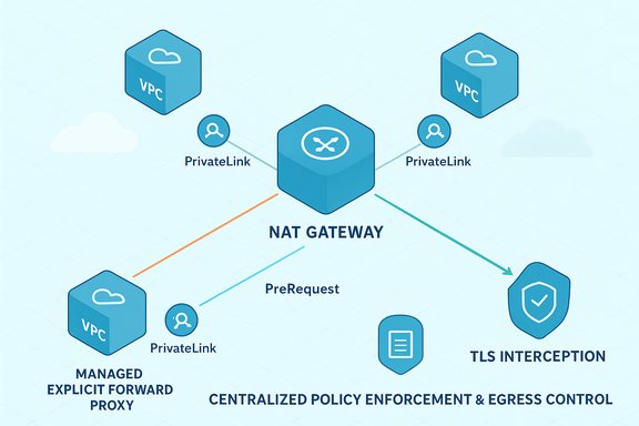 NAT Gateway connects VPCs through PrivateLink for TLS interception and centralized policy enforcement.