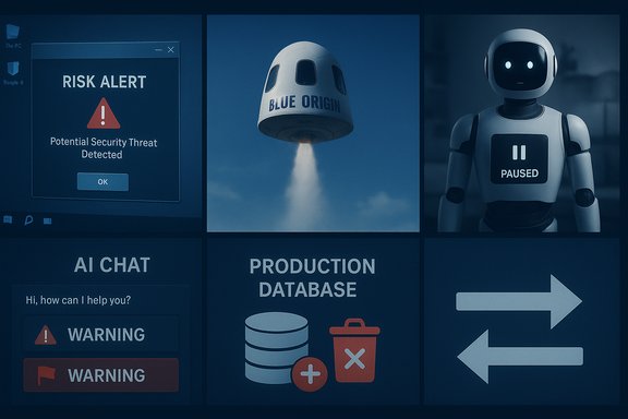 Blue-toned dashboard collage showing risk alert, Blue Origin capsule, paused robot, AI chat, and database icons.