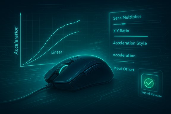 Futuristic holographic interface showing mouse acceleration curves and tuning options.