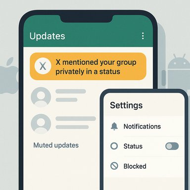A phone screen shows an Updates feed with a privacy alert and an overlaid Settings panel.