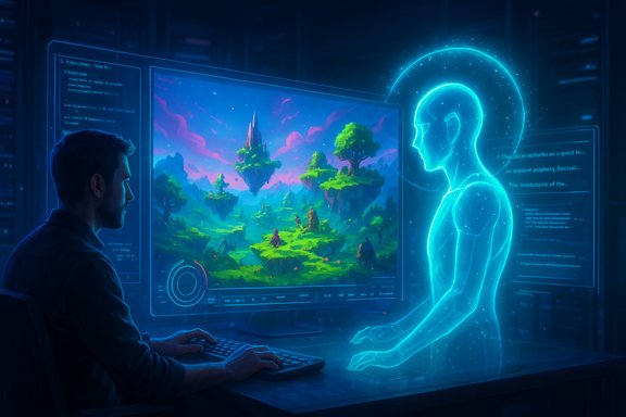 A man sits at a computer as a glowing holographic figure stands beside a fantasy landscape on screen.