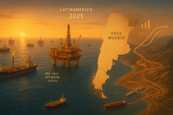 Sunset over Latin America's oil frontier: Vaca Muerta and pre-salt offshore fields.