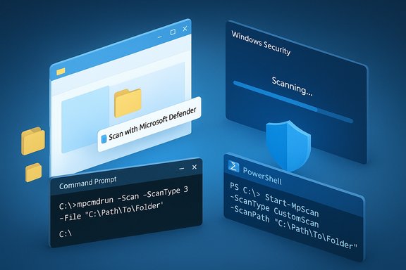 Windows Defender scans a folder, shown alongside Windows Security, PowerShell, and Command Prompt windows.