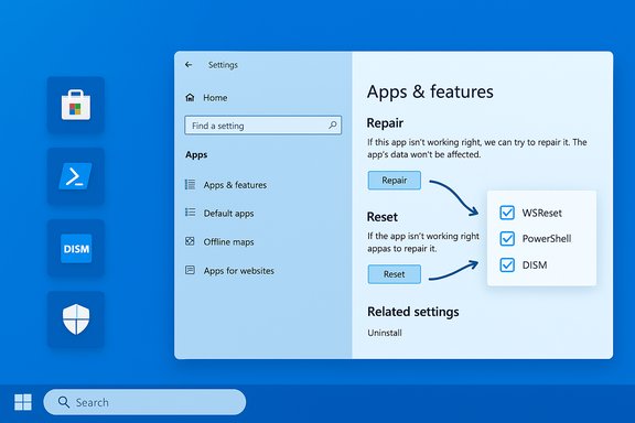 Blue Windows-style settings screen showing Apps & features with Repair and Reset options.