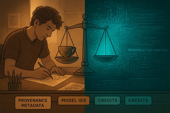 Split scene: a person sketches at a warm desk while a blue tech panel shows a balancing scale.