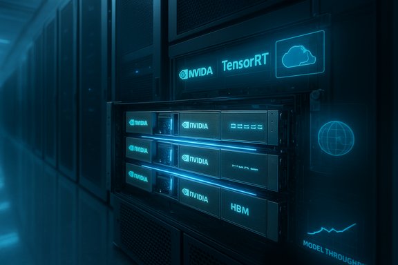 Server rack featuring Nvidia GPUs and TensorRT branding in a blue-tinted data center.