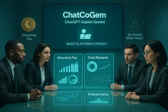 A diverse team reviews holographic dashboards on Moonshot Pay and AI governance.