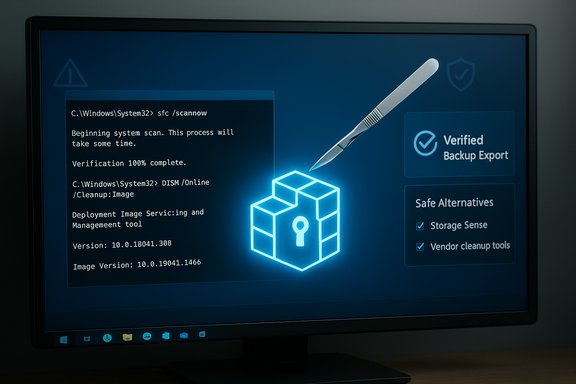 Windows repair screen with scannow and DISM commands, and a neon lockbox illustration.