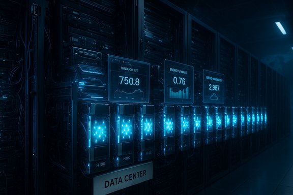 Blue-lit data center with rows of server racks and glowing metric dashboards.
