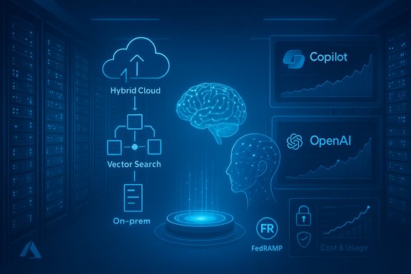 Futuristic blue holographic AI dashboard featuring Hybrid Cloud, OpenAI, and Copilot.