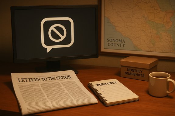 A newsroom desk with a monitor, Letters to the Editor, Word Limit notebook, a mug, and a Sonoma County map.
