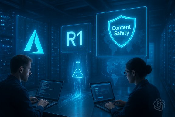 Two researchers in a blue-lit data center monitor holographic icons labeled R1 and Content Safety.