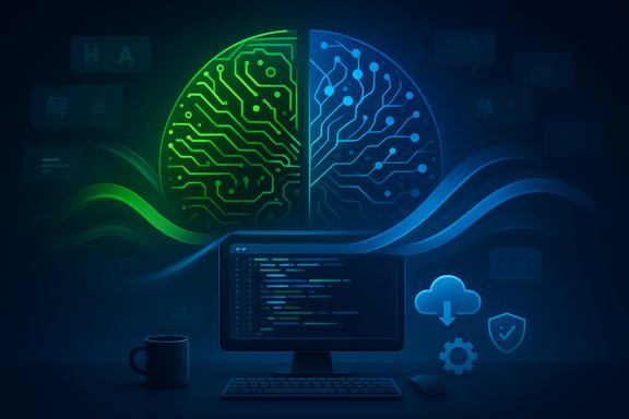 A neon split-brain made of green and blue circuits glows over a code-filled desk.