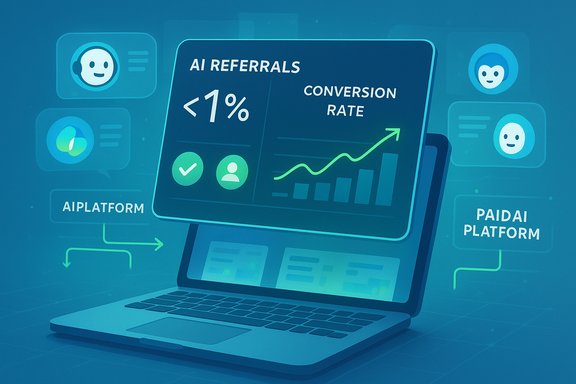 Laptop displays AI referrals and a rising conversion-rate graph on a blue dashboard.