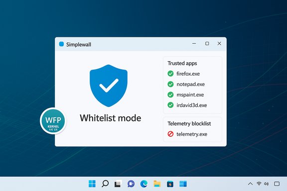 Windows-like app showing Whitelist mode with trusted apps and a telemetry blocklist. Windows-like app showing Whitelist mode with trusted apps and a telemetry blocklist.
