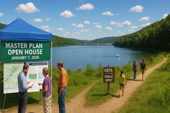 Lakeside master plan open house setup with a NEPA public input sign as people walk the trail.